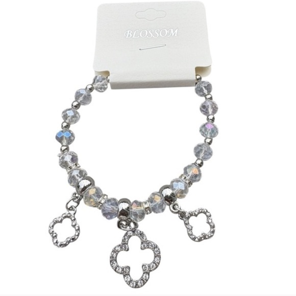 5/$25 Blossom Rainbow Clear Iridescent & Silver Beaded Bracelet With Charms